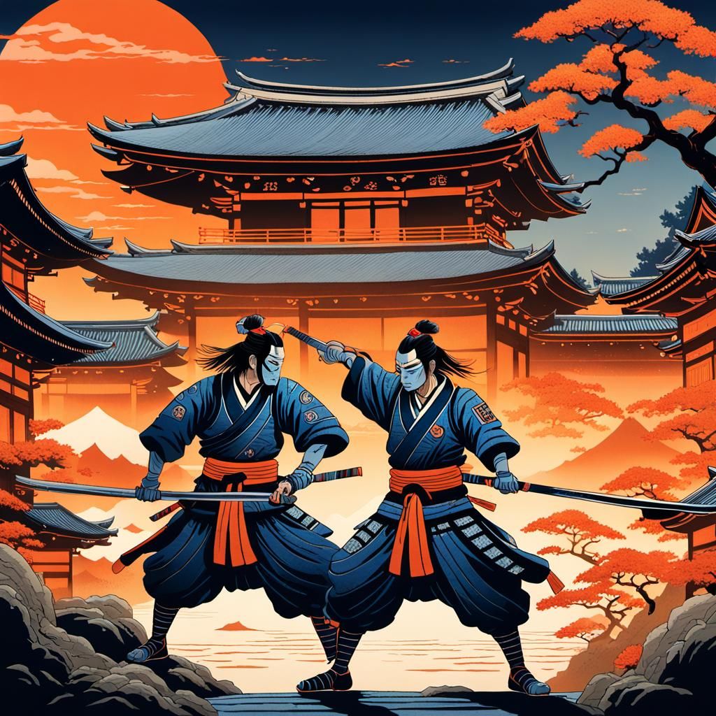 Samurai Defends Geisha From Oni in Ukiyo-e Style