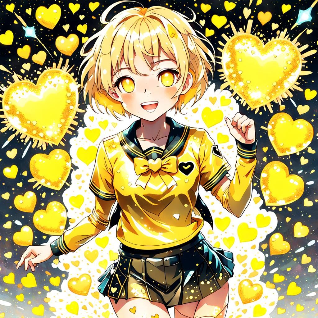 Glittering Anime Girl Surrounded by Yellow Hearts