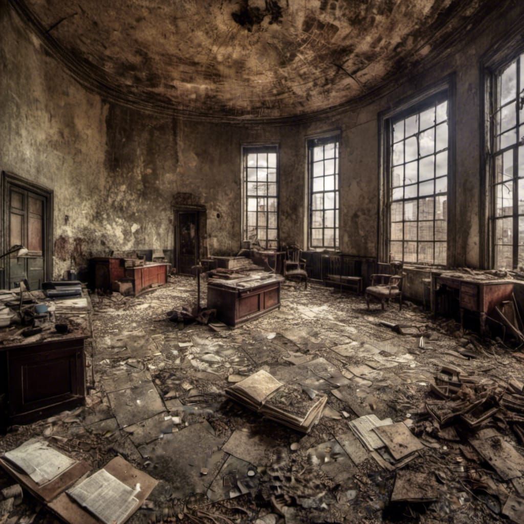 Post-Apocalyptic Abandoned Oval Office in Cyberpunk Style