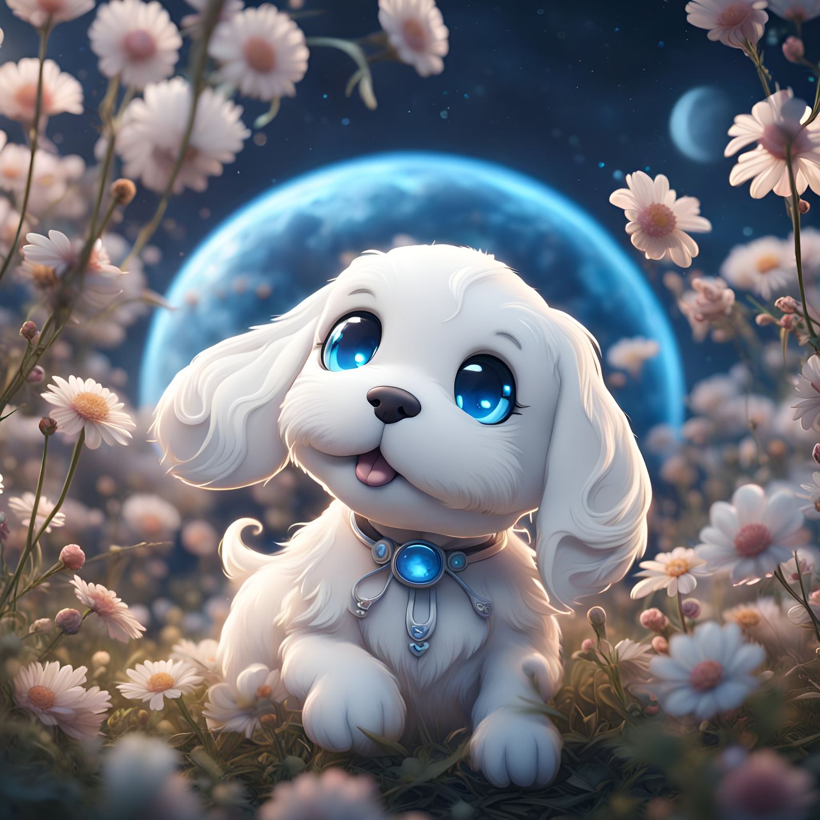 Cinnamoroll Puppy Wallpaper with Moon and Flowers