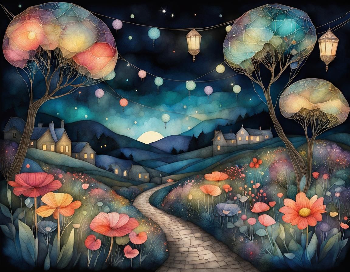Dreamy Garden at Night in Mixed Media Style