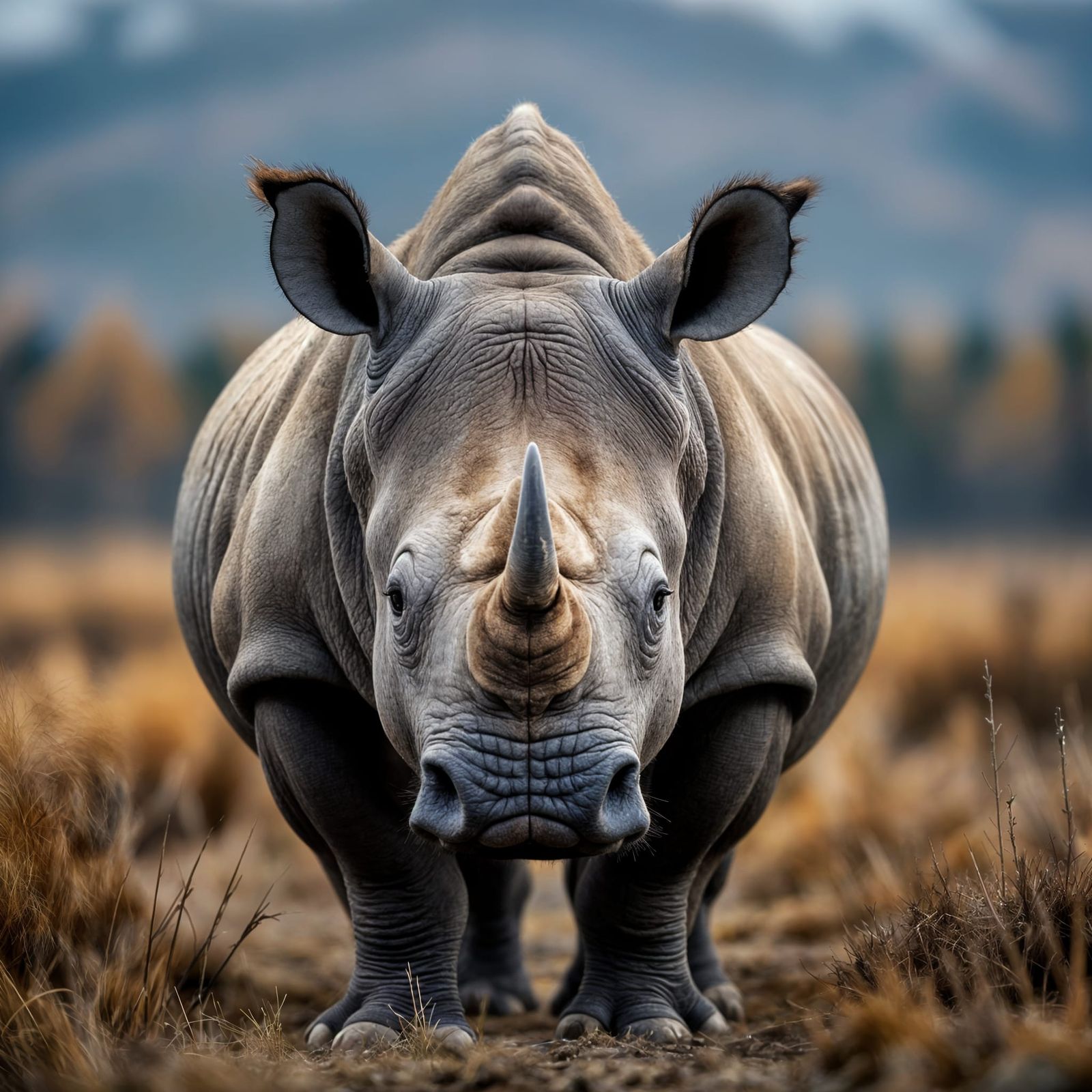 Close-Up Rhinoceros Portrait with Moody Tundra Background