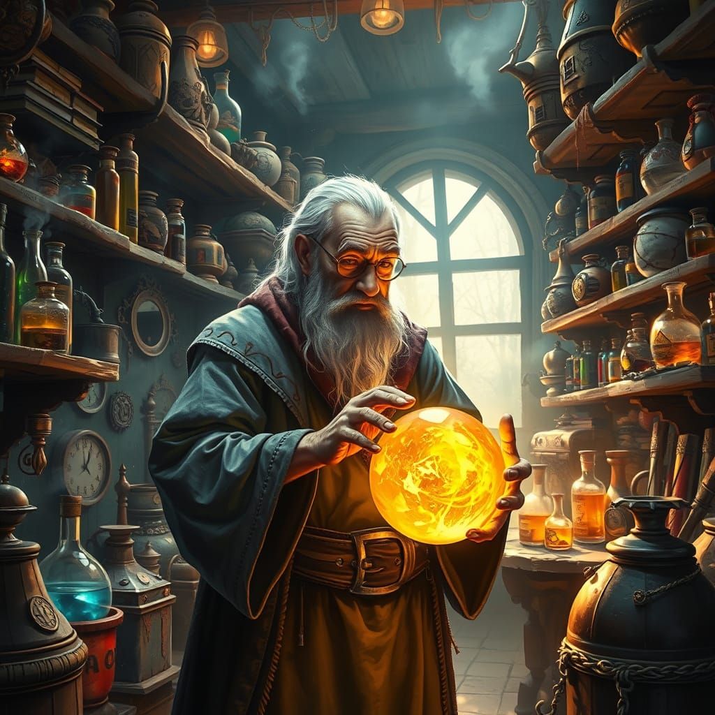 Elderly Wizard in a Cluttered Workshop, Gazing into a Glowin...