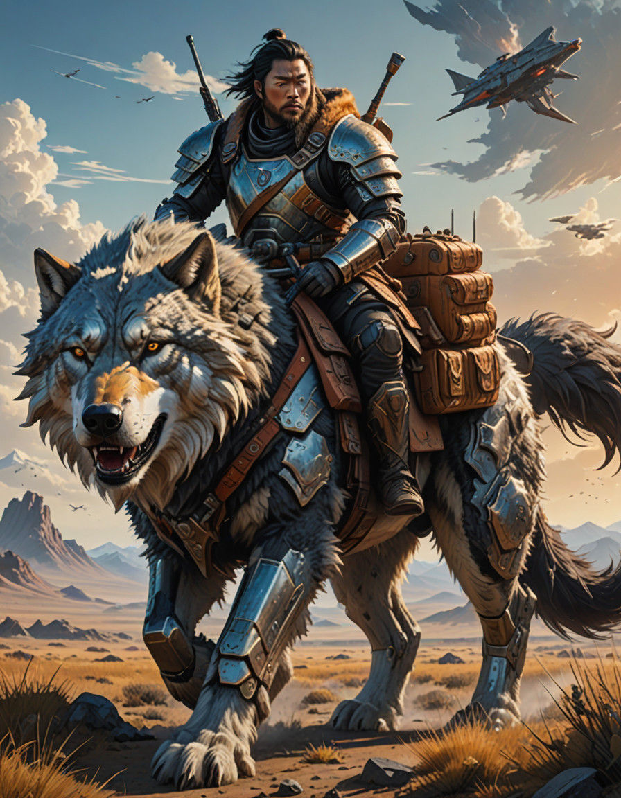 Mongolian Warrior Rides Futuristic Direwolf Through Dying Su...