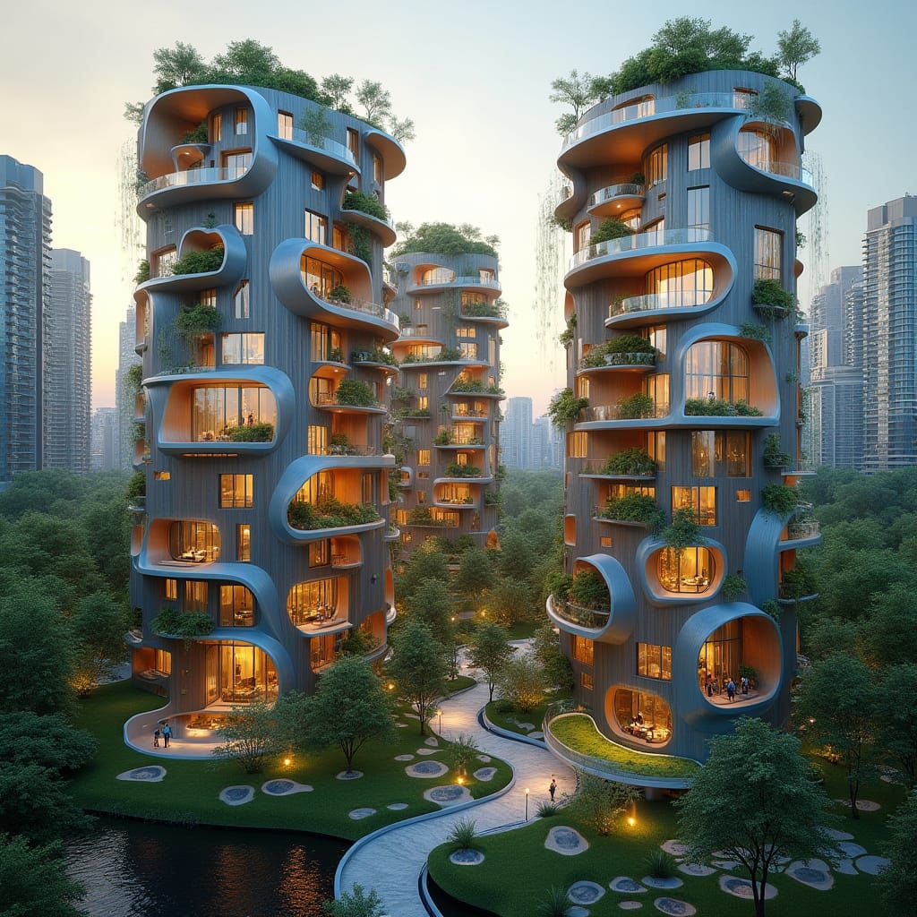 Organic High-Rise Buildings with Greenery and Glass Balustra...