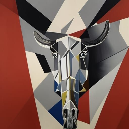 Cubist Bull Skull Charcoal Drawing in Geometric Panorama