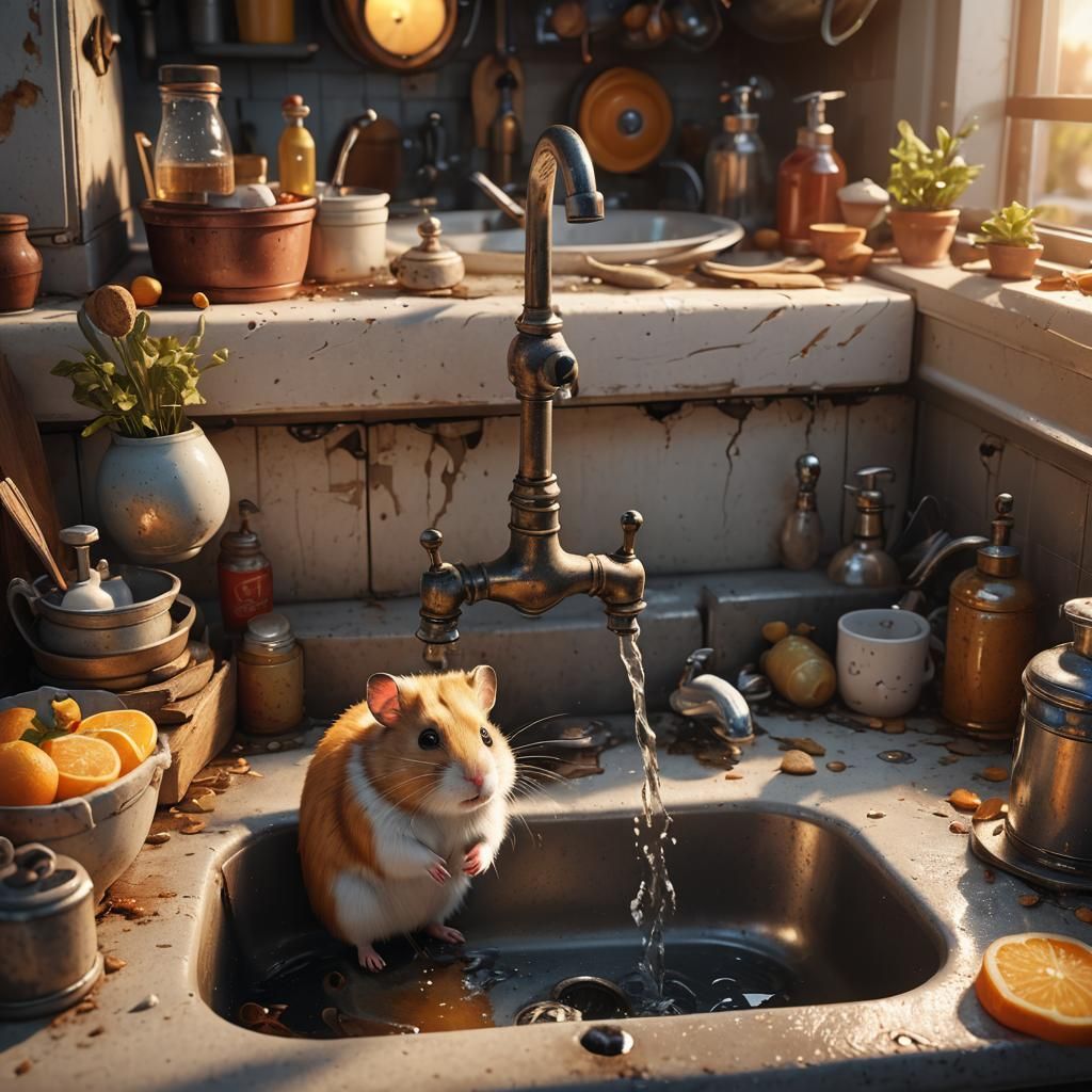Hamster Bath in Old Kitchen: Detailed Matte Painting