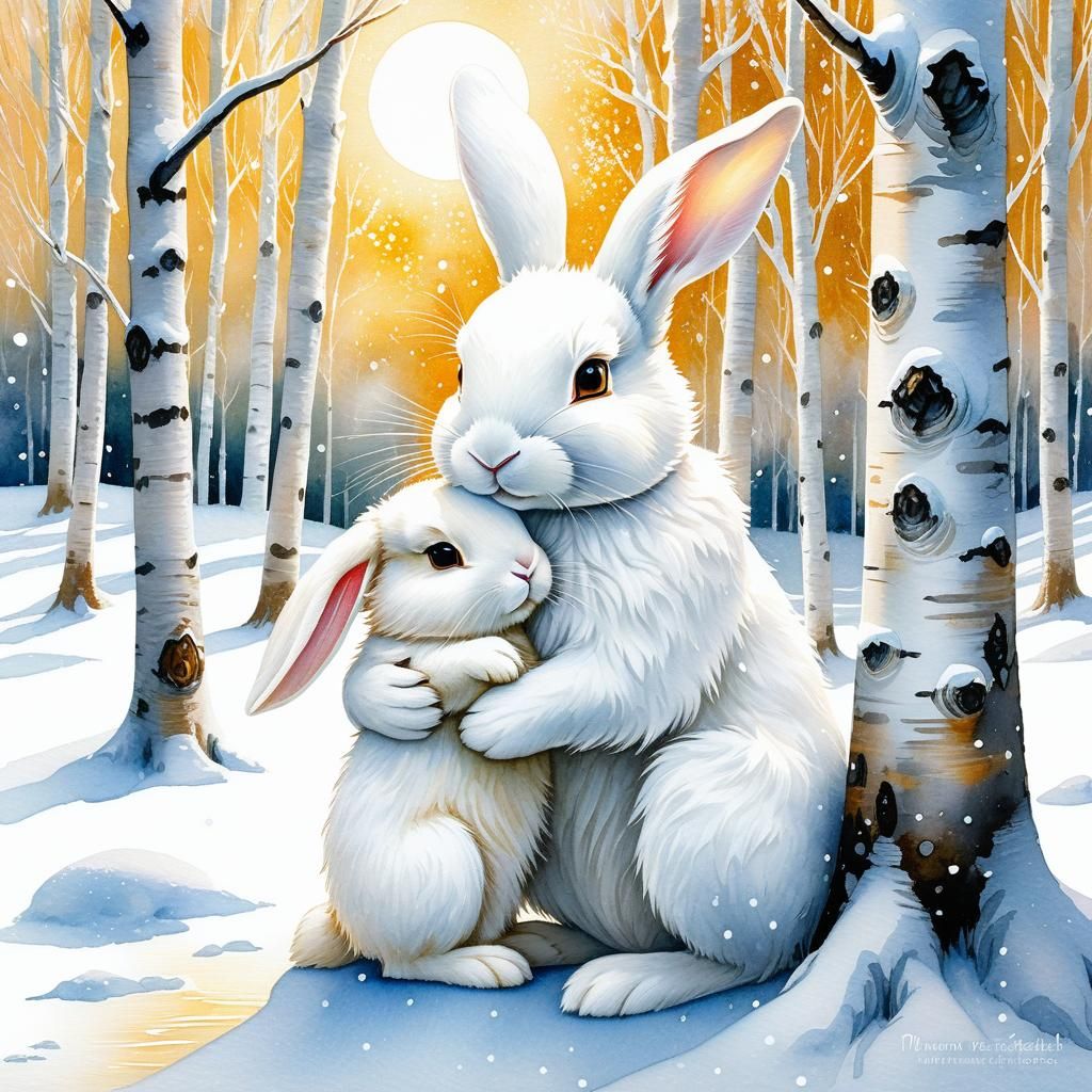 Chibi Rabbits Snuggling in Snowy Forest, Watercolor Impasto