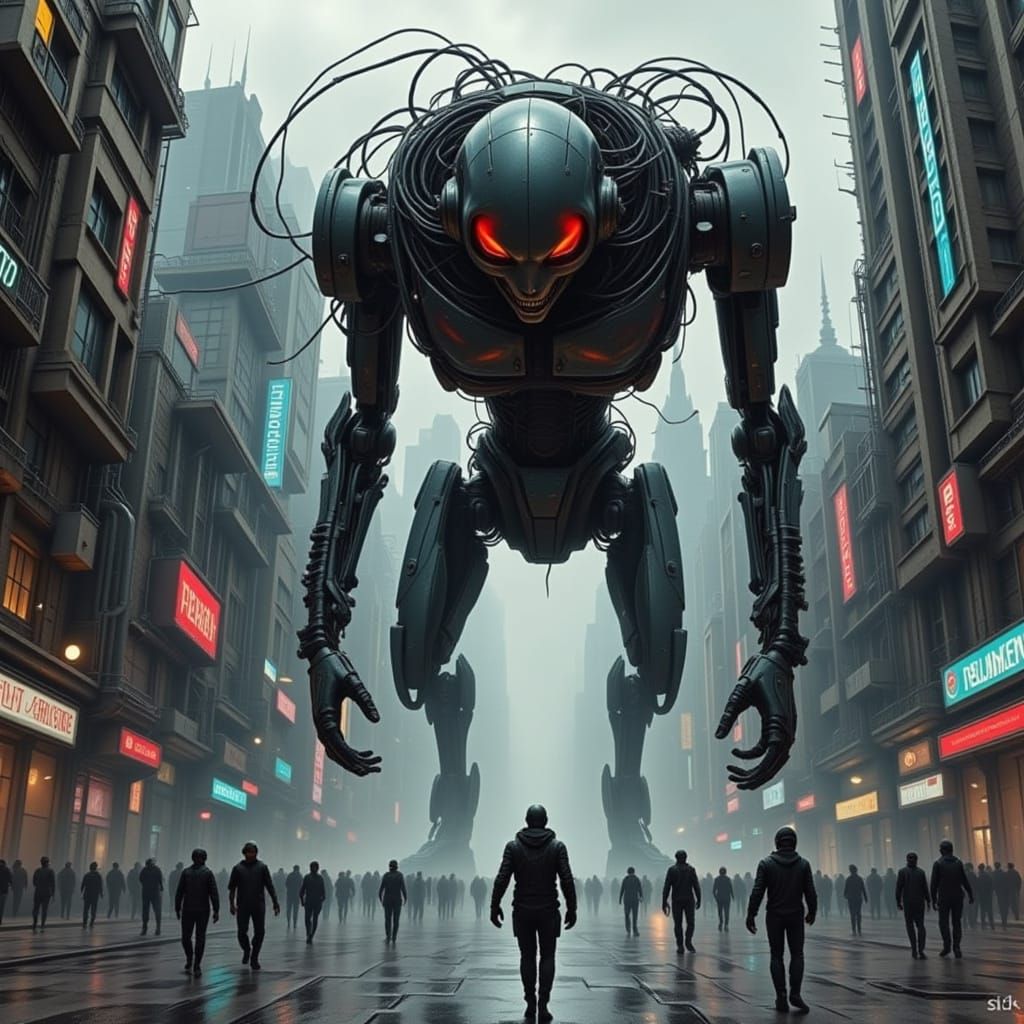 Cyborg Behemoth Rampages Through Futuristic Dystopian City
