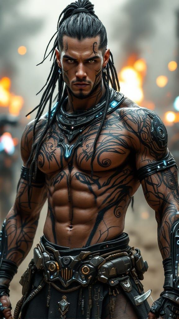 Imposing Futuristic Tribal Warrior in Cyberpunk Regalia