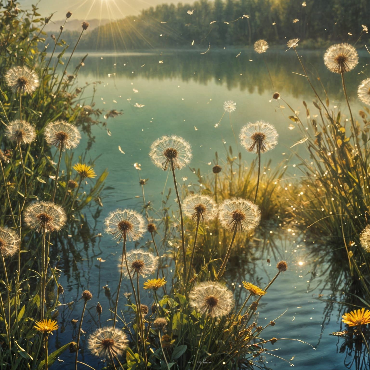 Dandelion Seeds Drifting on Gentle Breeze