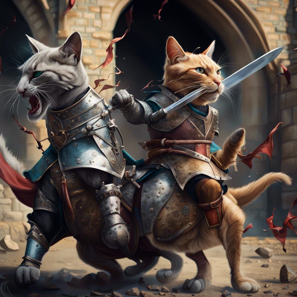 Medieval Cat Knights Battle Dragon