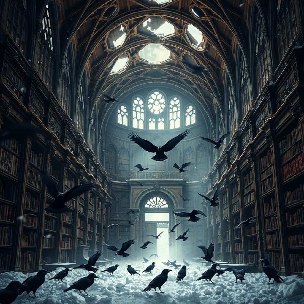 Ravens Gather in Abandoned Gothic Library