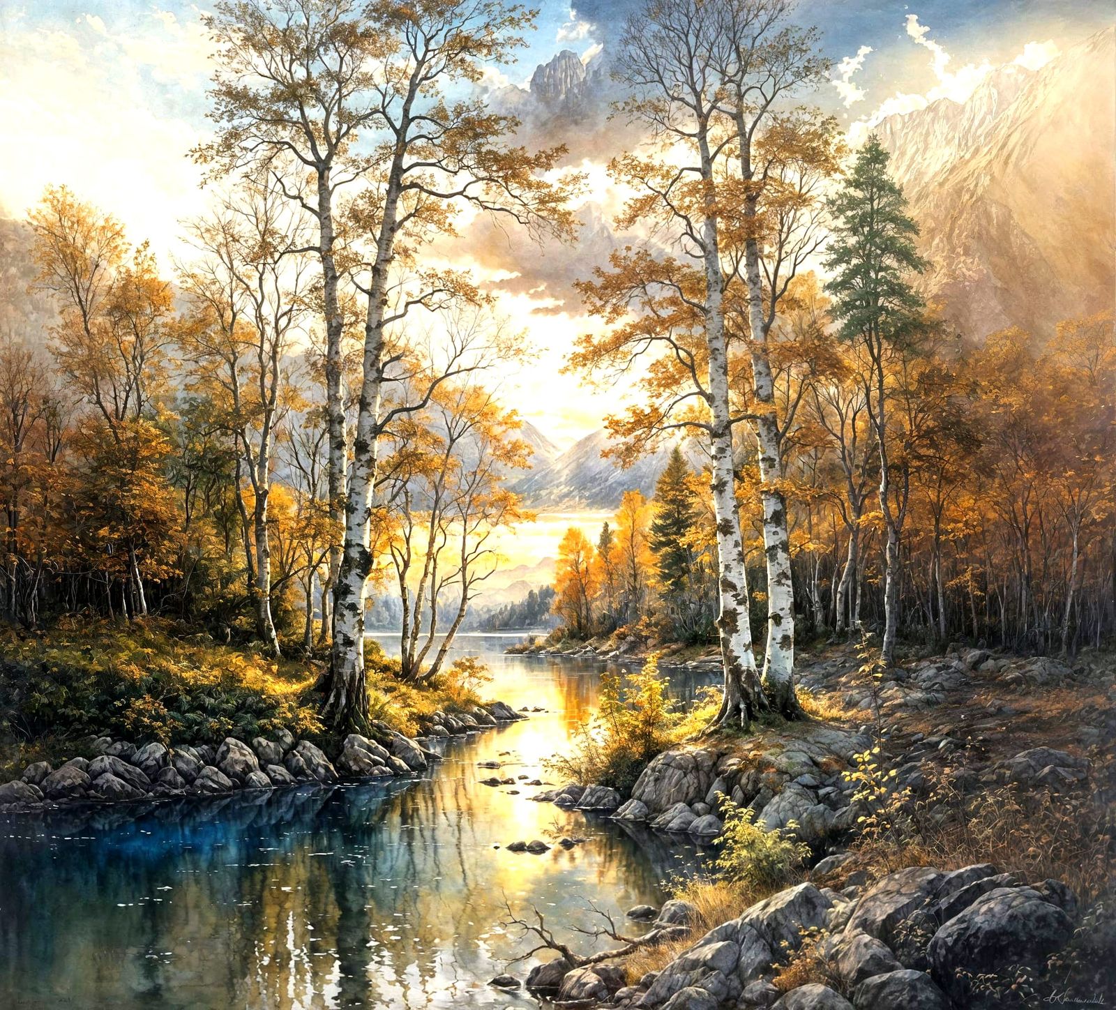 Beautiful autumn landscape, A sunlit forest with blue clear ...