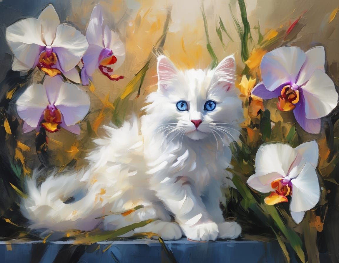 Fluffy White Kittens in Vibrant Orchids, Fine Art Painting