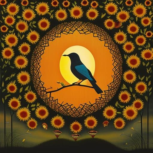 Sunflower, Bird, and Sunset: Whimsical Illustration