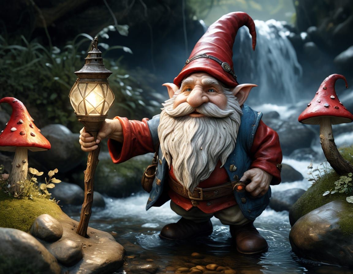 Magical Gnome by Babbling Brook in Watercolor