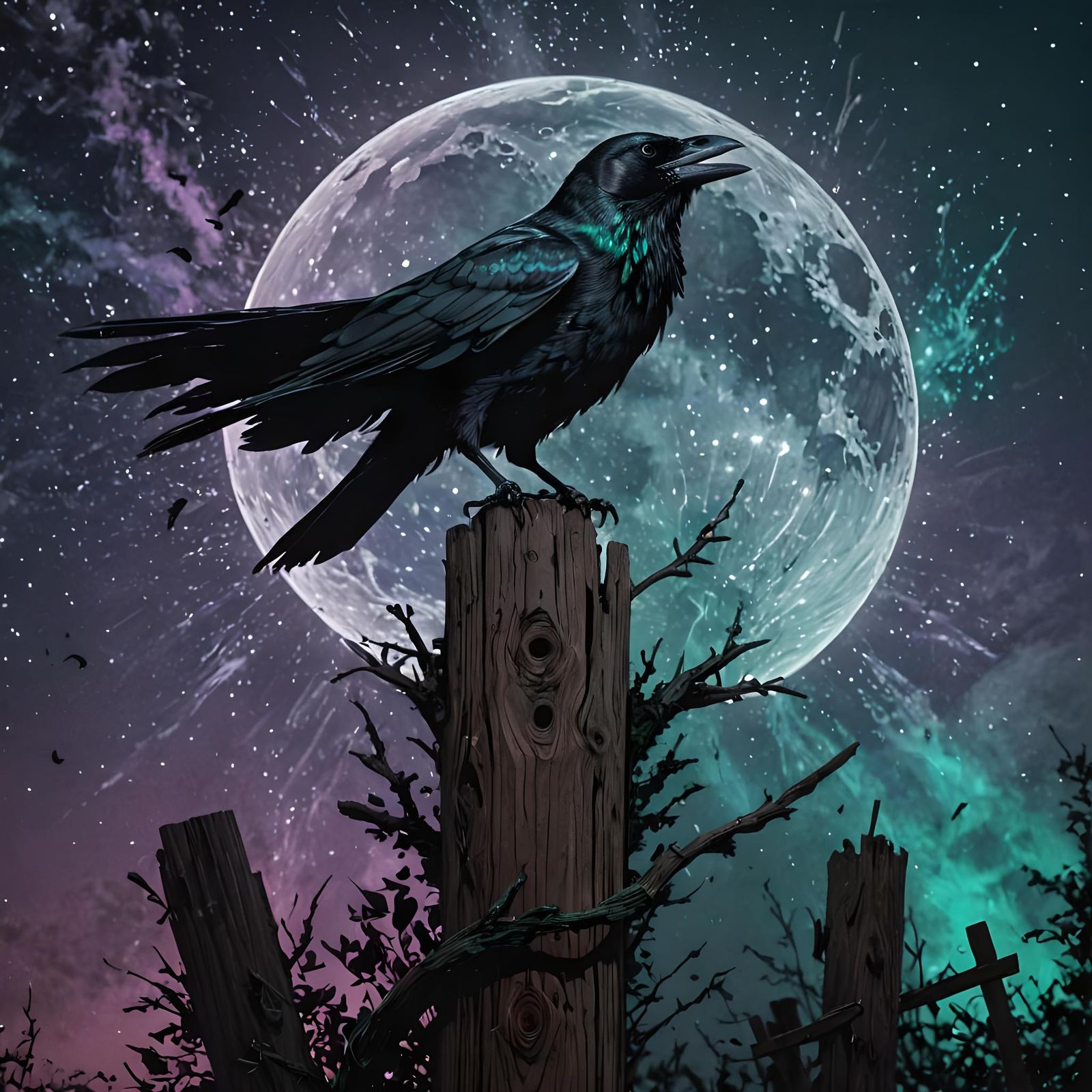 Spooky Crow on Moonlit Night: Digital Fine Line Art