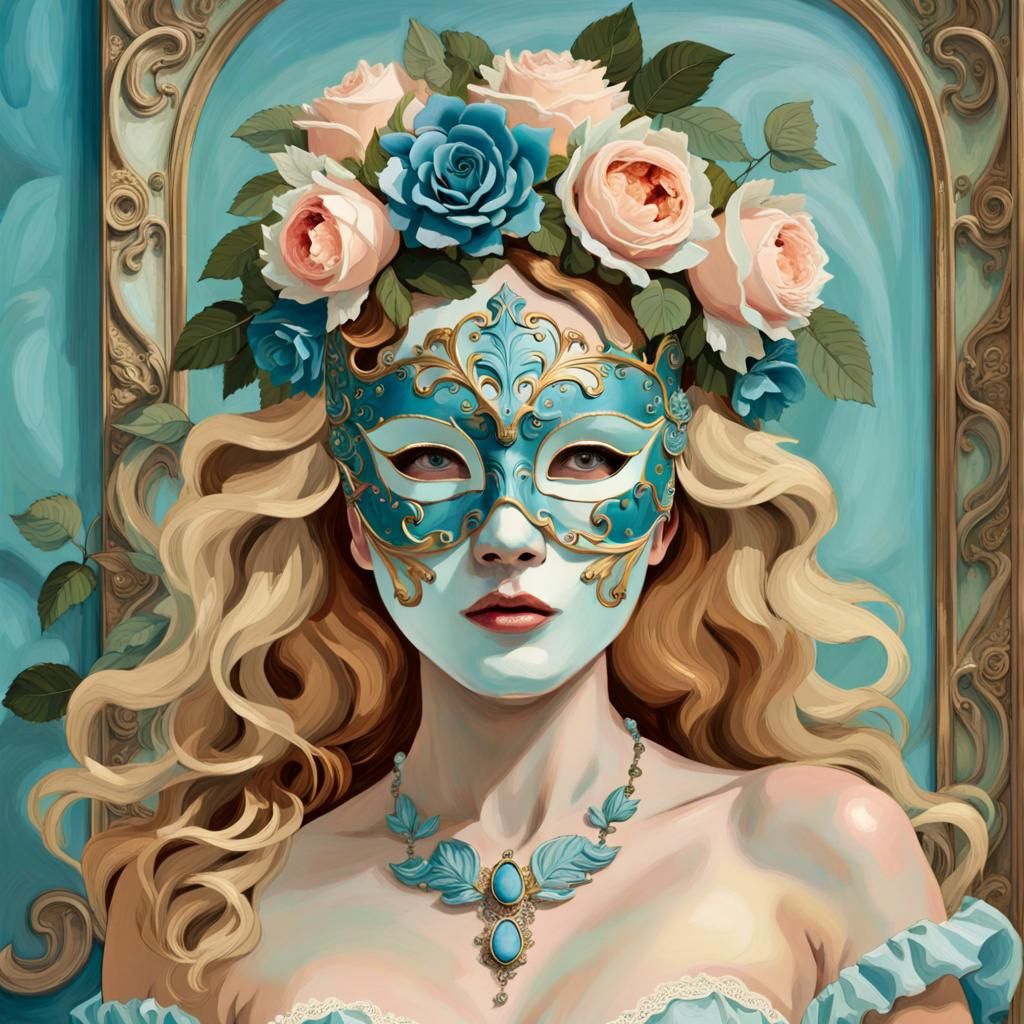 Baroque Portrait with Venetian Mask in Art Nouveau Style