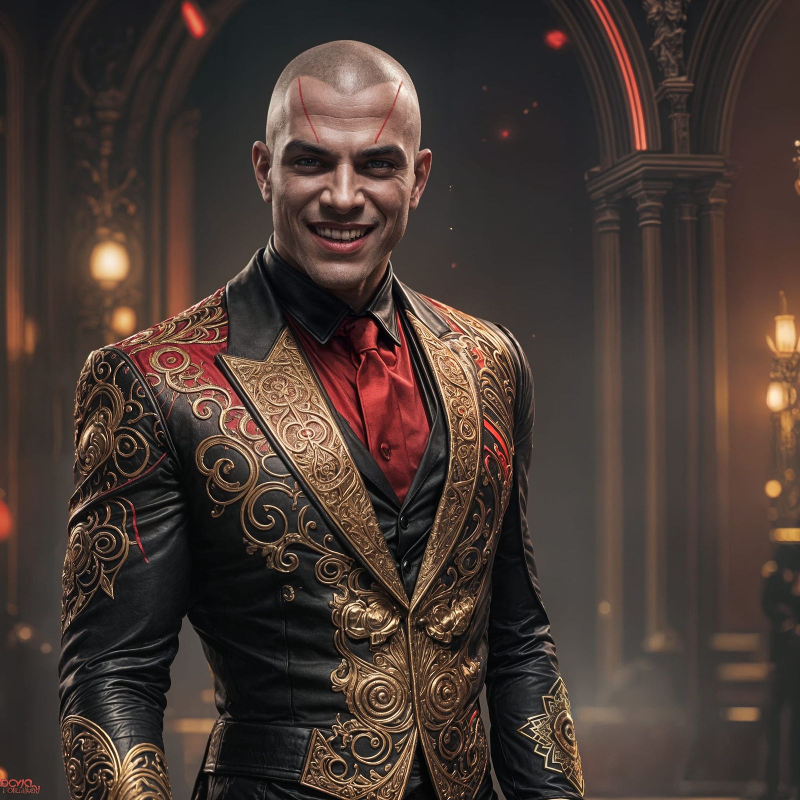 Neon Vampire in Dark Red and Gold Tuxedo