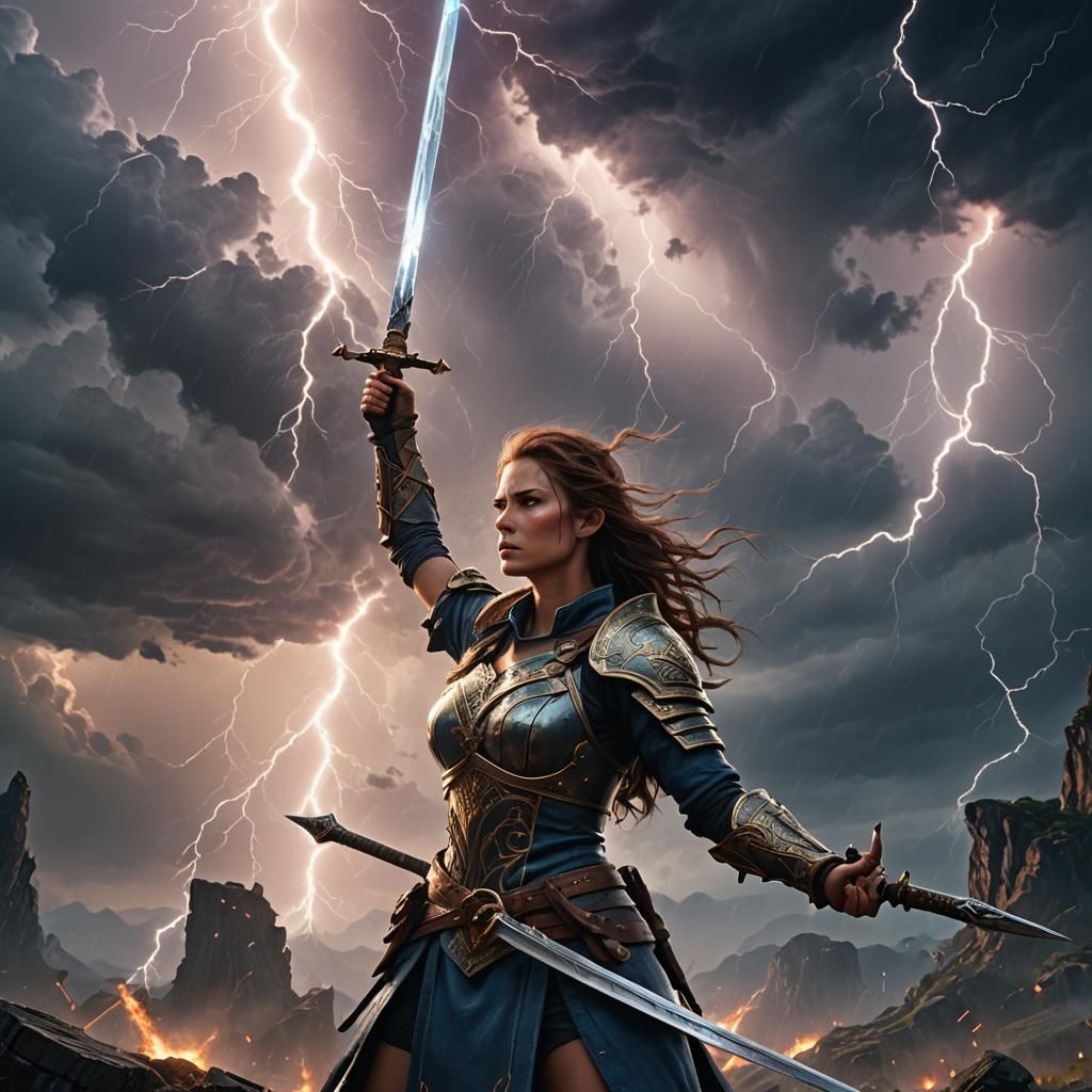 Warrior Woman Raises Sword in Stormy Fantasy Art