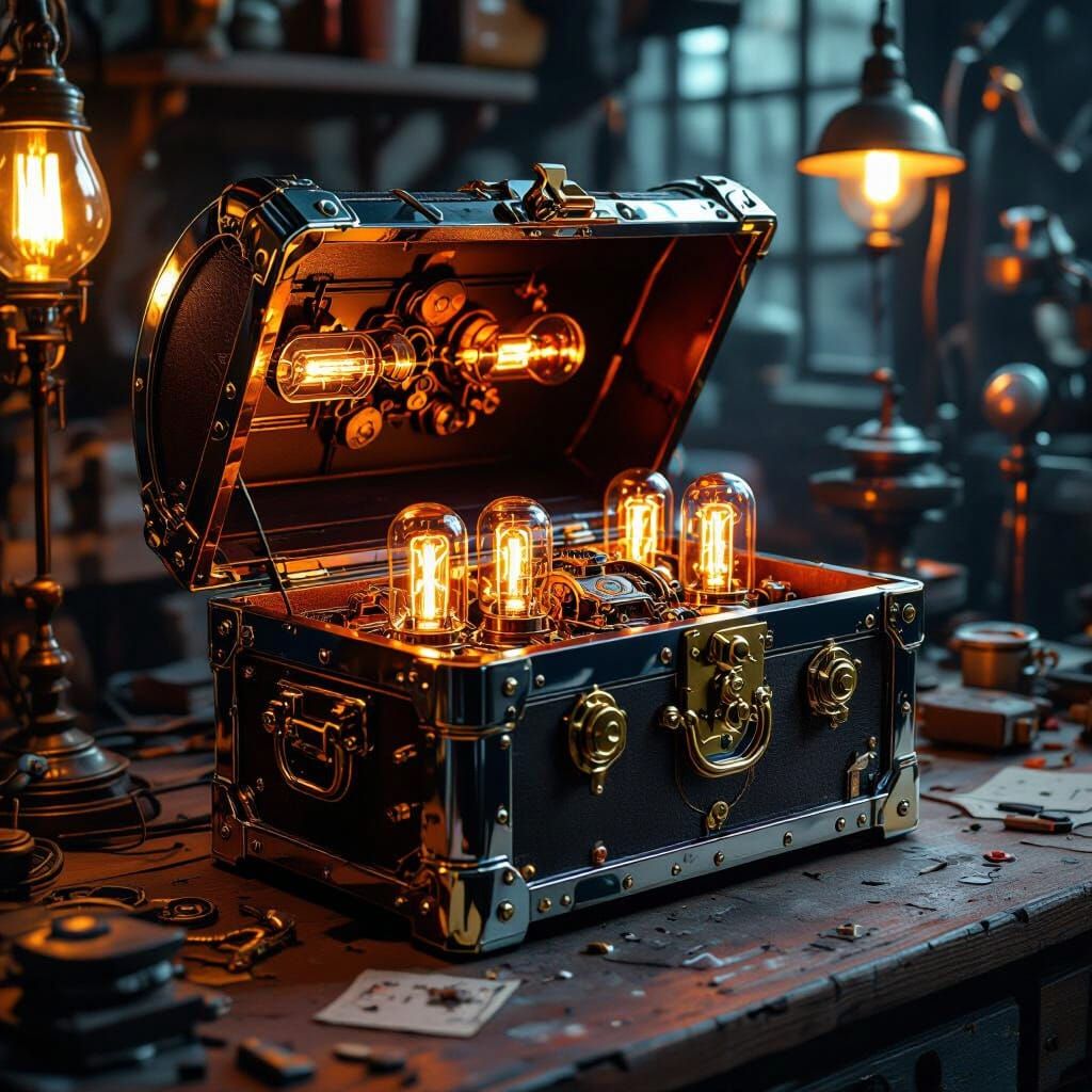 Steampunk Treasure Chest with Glowing Vacuum Tubes