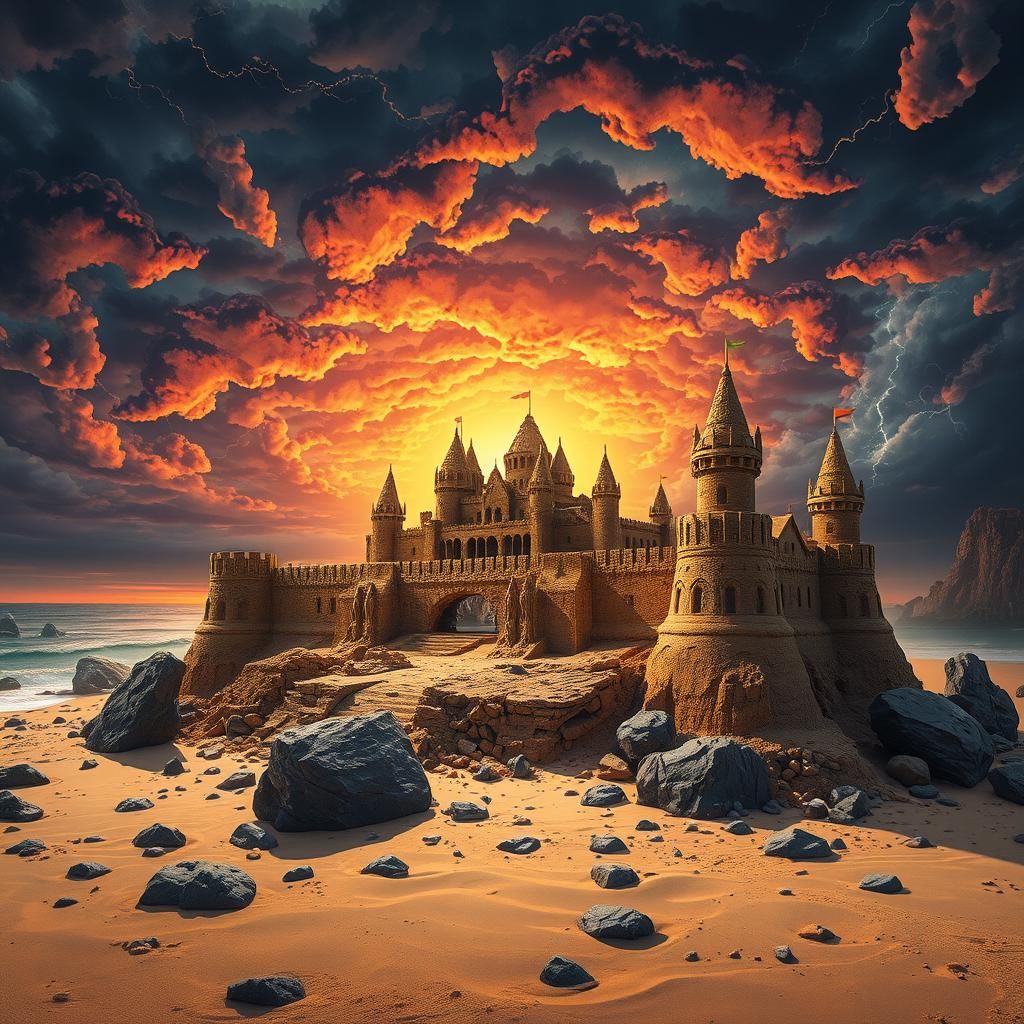 Superhero Sandcastle at Sunset in Hyperrealistic Style