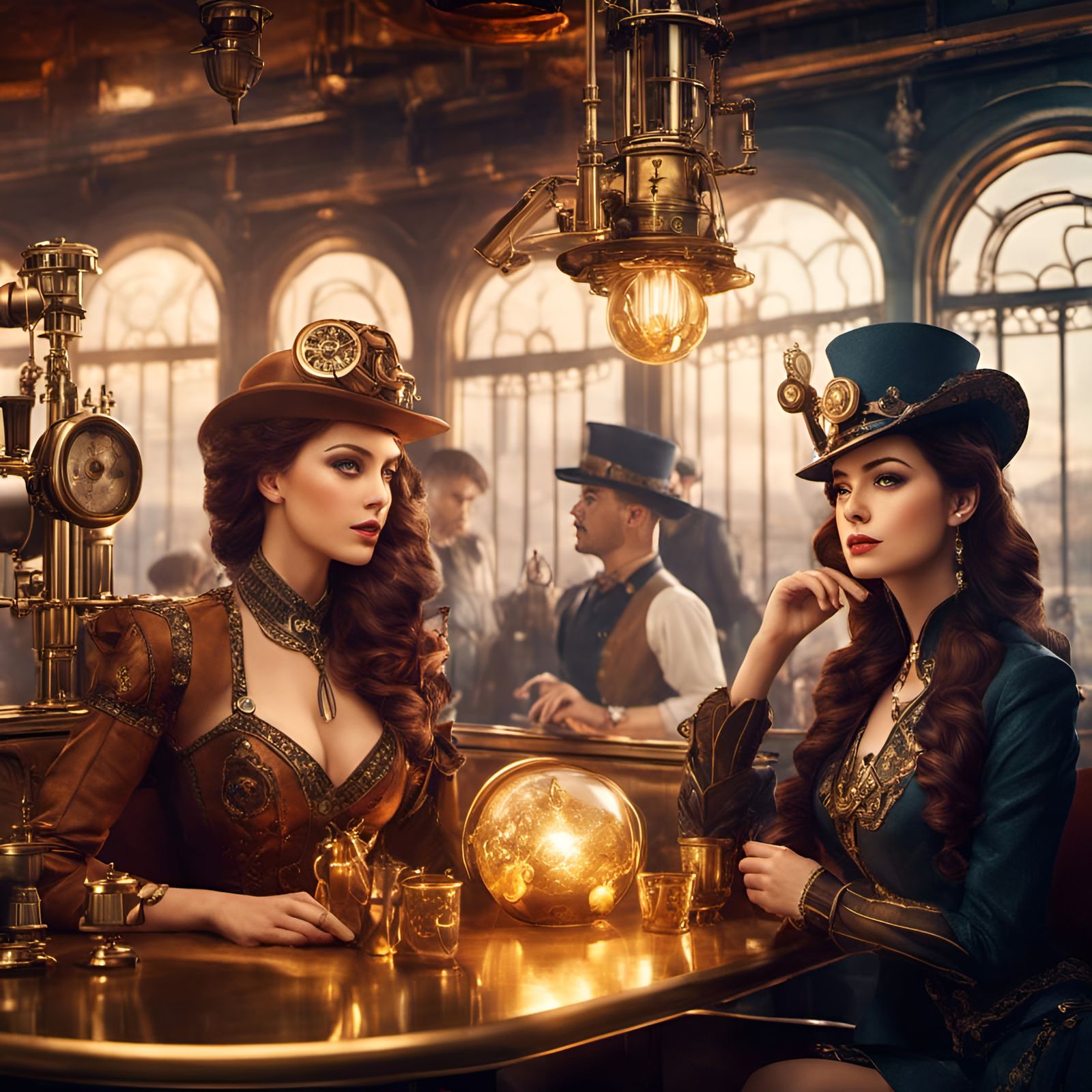 beautiful Steampunk women sitting in a steampunk diner. Intricate detailed elaborate meticulous rhinestone iridescent d...
