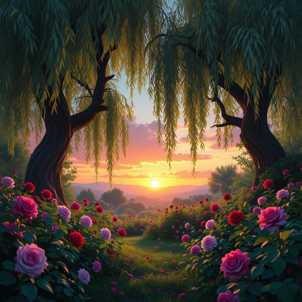 Fantastical Rose Garden at Vibrant Sunset