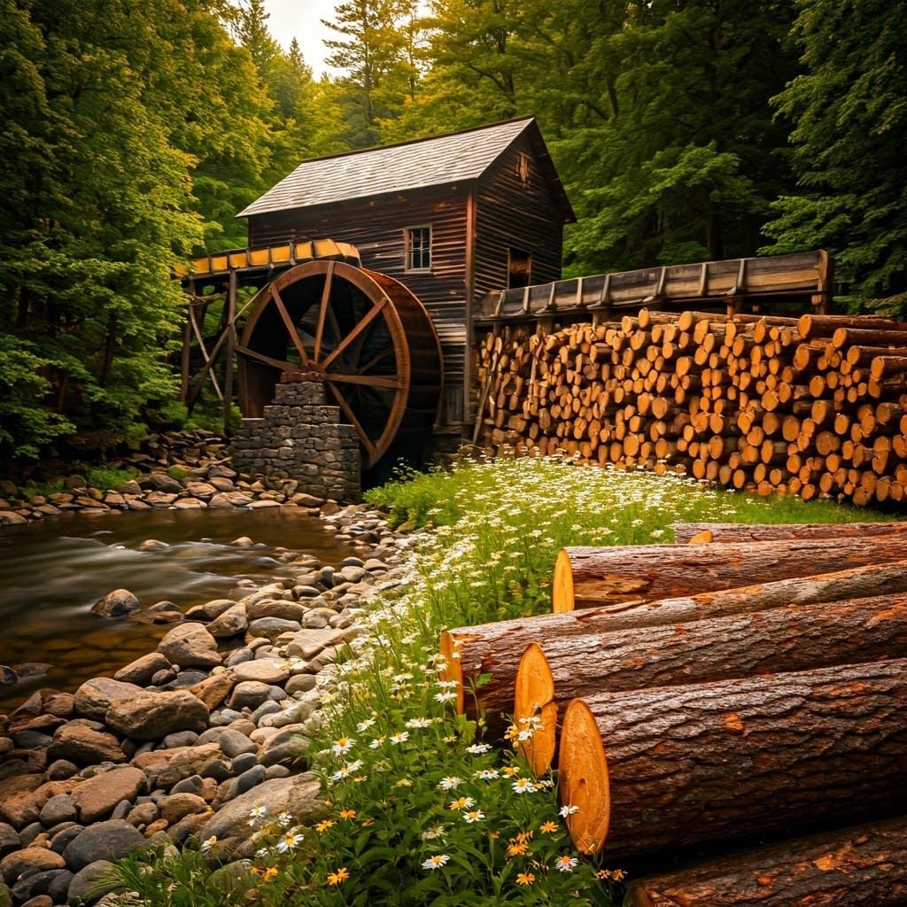 Rustic Lumbermill Beside Serene River in Warm Golden Light