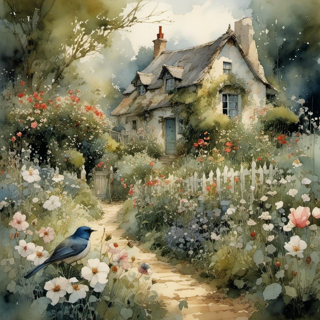 Whimsical Cottage Garden Scene in Watercolor Style