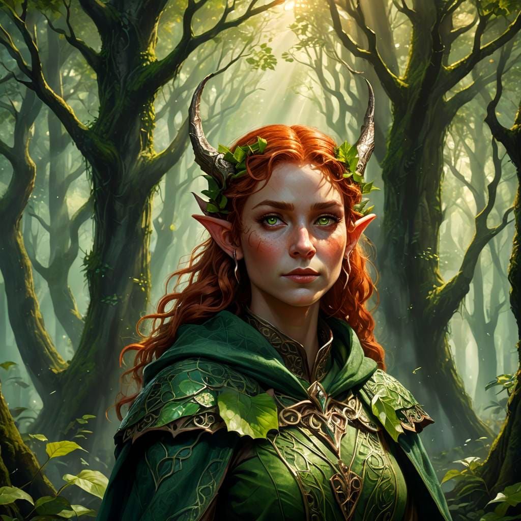 Red-Haired Elf with Horns in Forest, Detailed Matte Painting