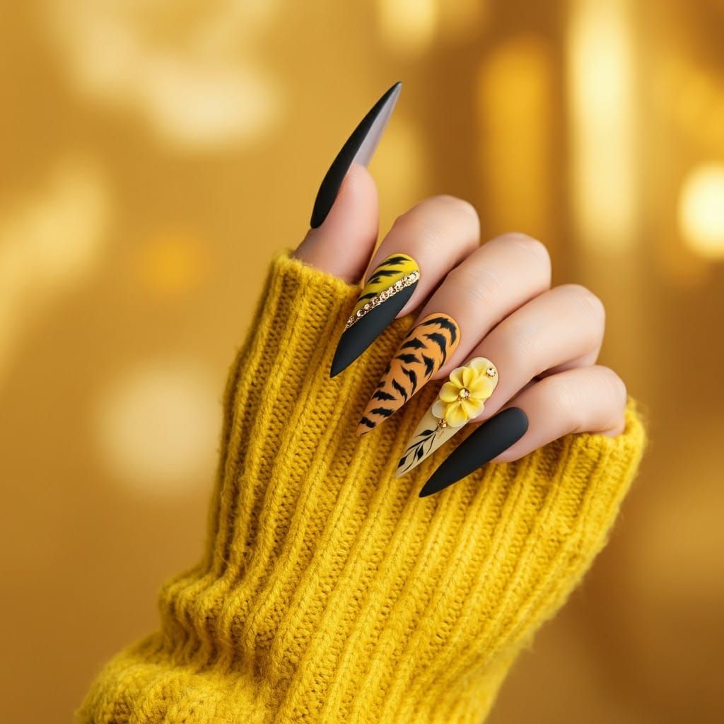 High Fashion Tiger Floral Nail Art Design