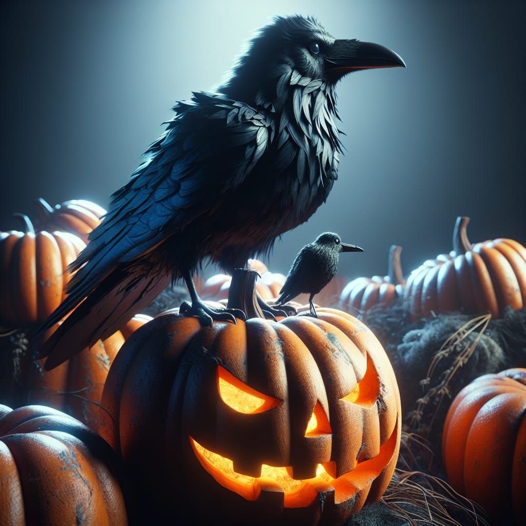 Hyperrealistic Raven on Jack-o'-Lantern in HDR