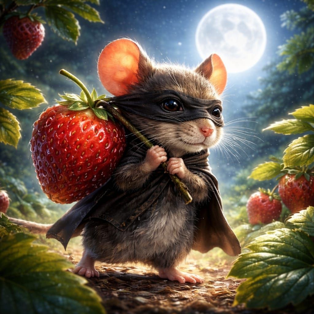 Stealthy Mouse Thief Steals Giant Strawberry Under Moonlight