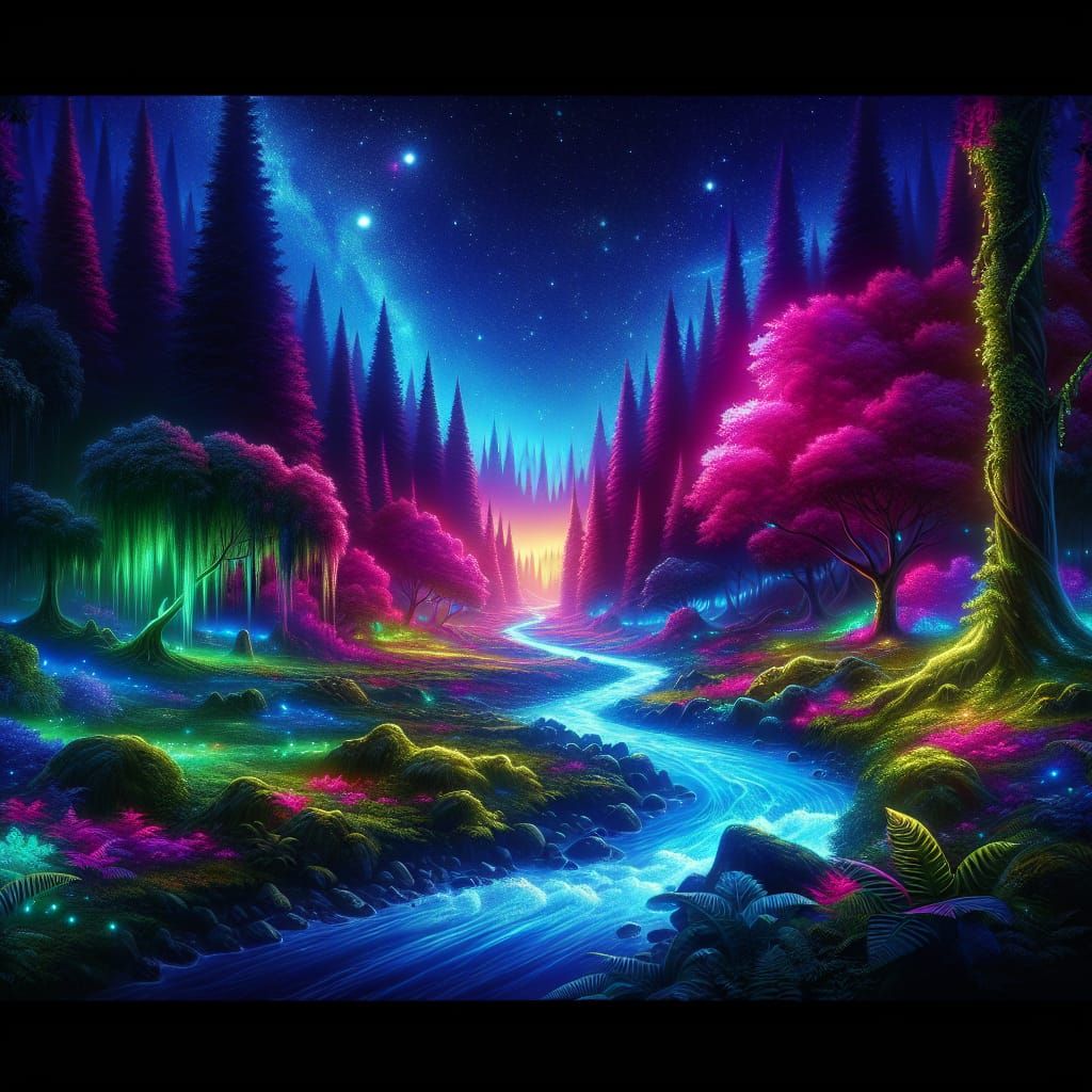 Neon Forest Stream: Synthwave Fantasy Art