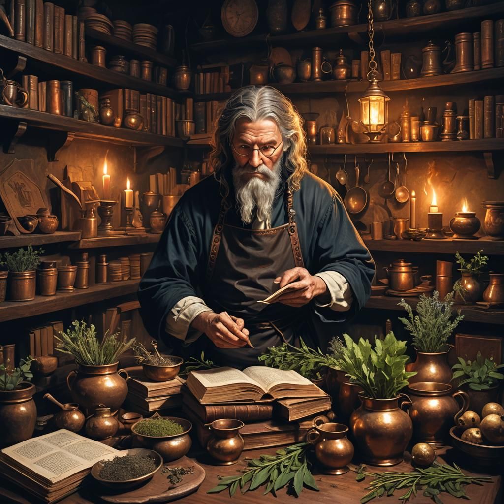 Medieval Cook in Victorian Kitchen, Dark Fantasy Art