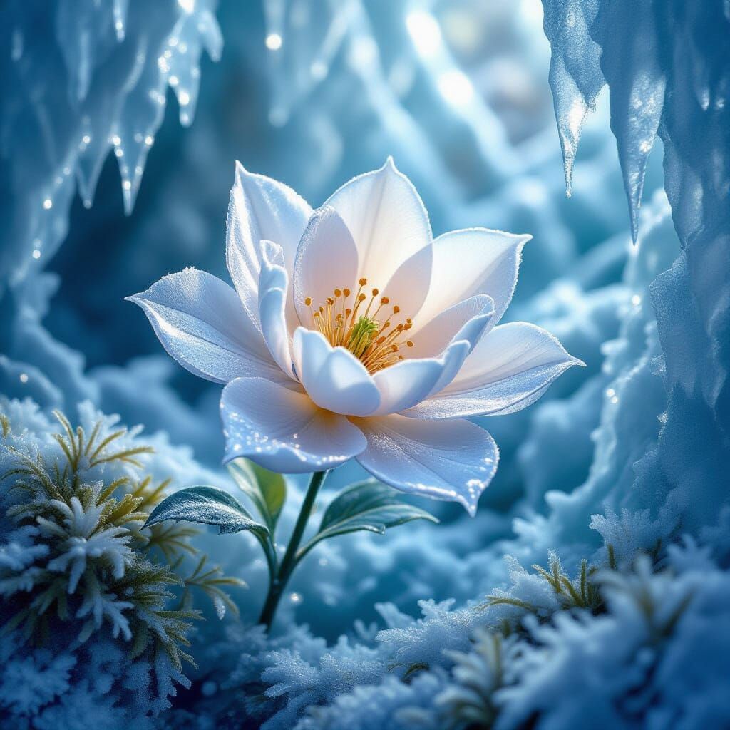 Shimmering Ice Blossom in Frozen Cavern