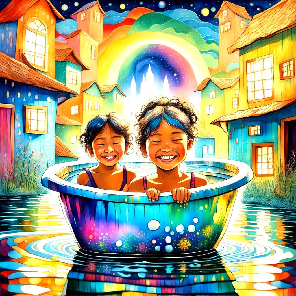 Kids Play in Tub: Cosmic Village Painting