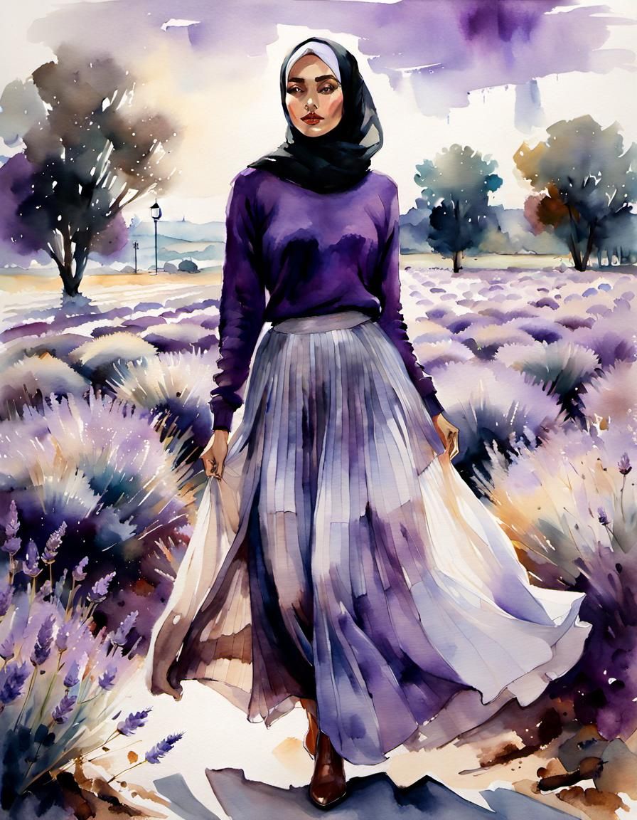 Watercolor of Girl in Hijab in Lavender Field