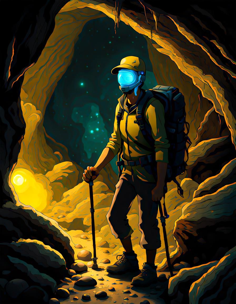 Bioluminescent Cavern Hiker with Glowing Eyes