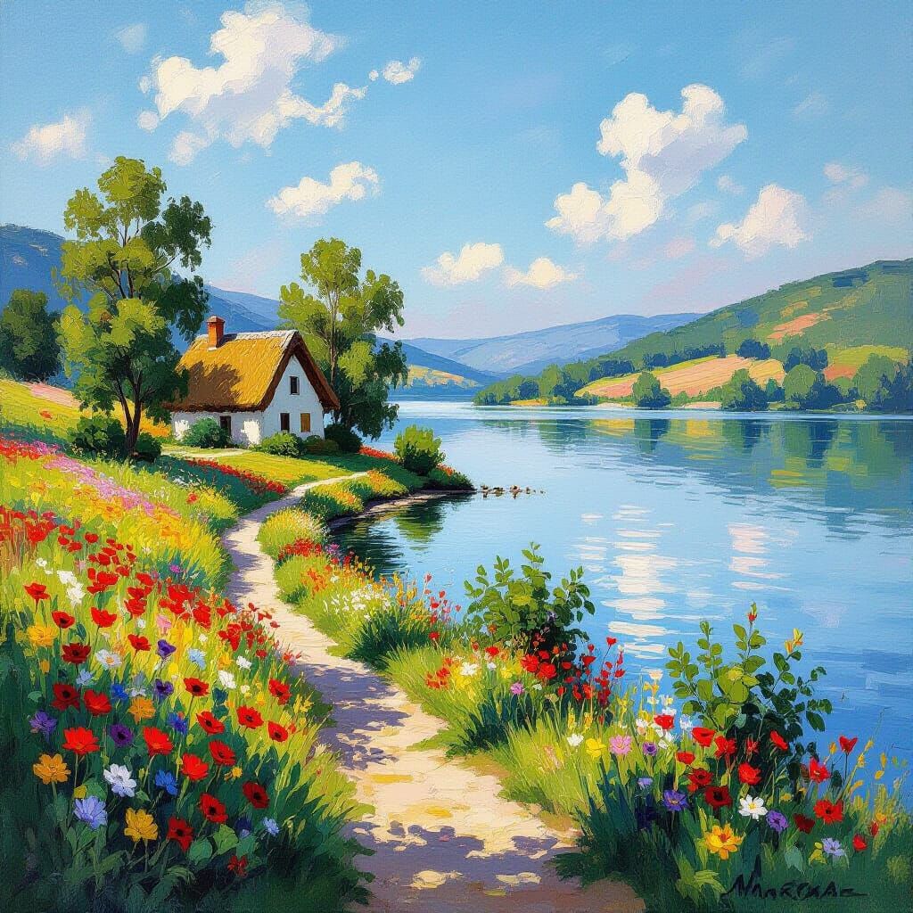 Idyllic Impressionist Landscape of Rolling Hills and Lake
