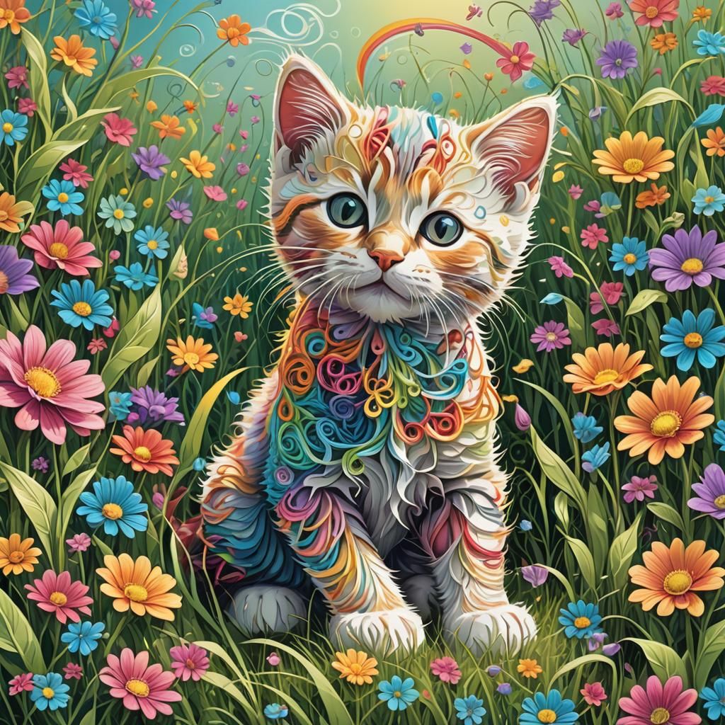 String Kitten Plays in a Rainbow Meadow
