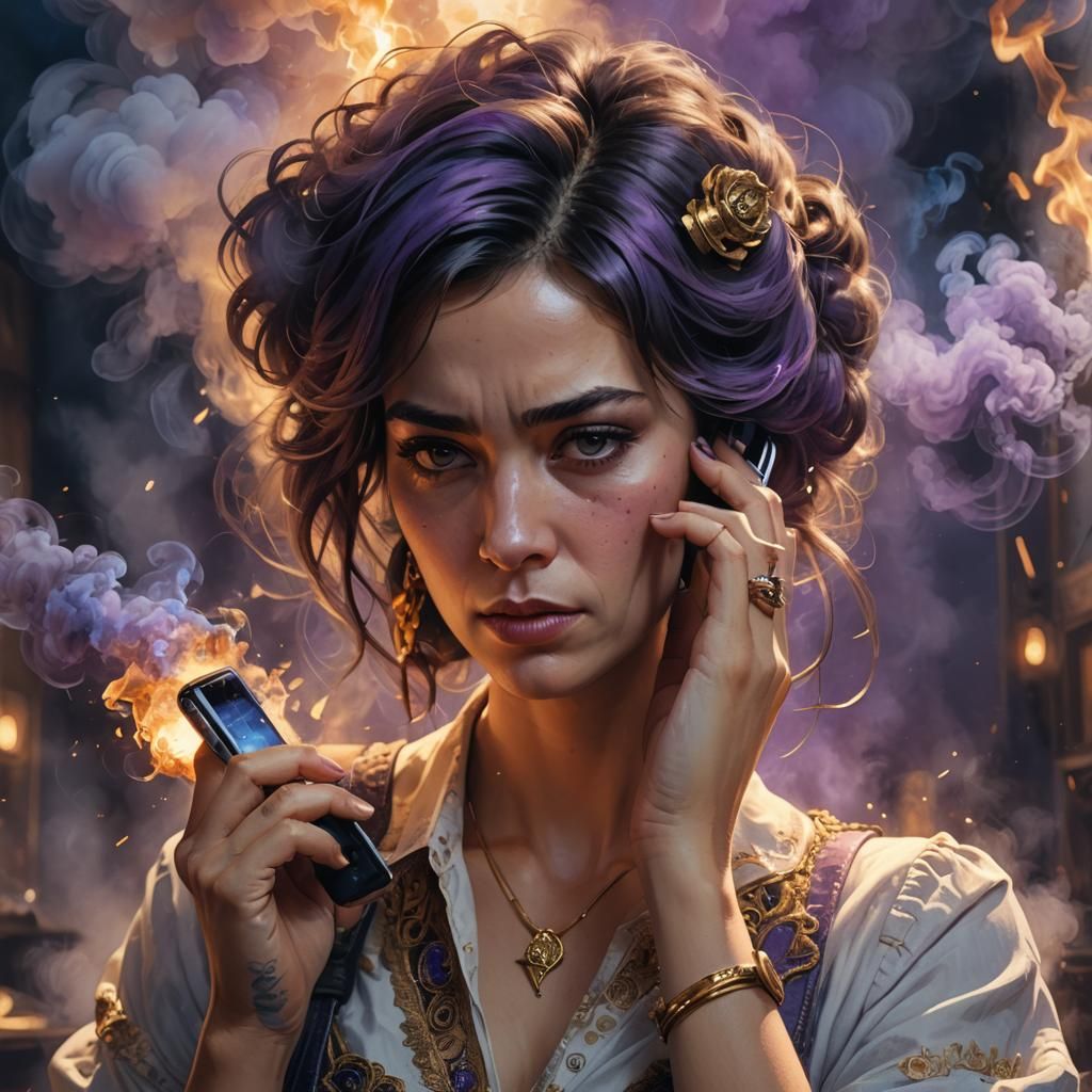 Distressed Woman with Smoking Phone, a Digital Painting