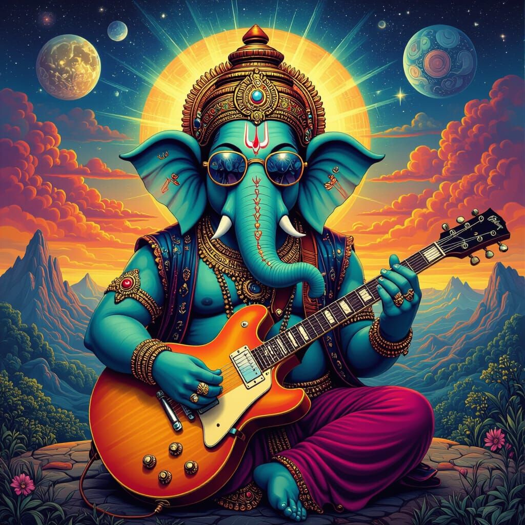 Lord Ganesha Plays Pickup in Surreal Visionary Art Style