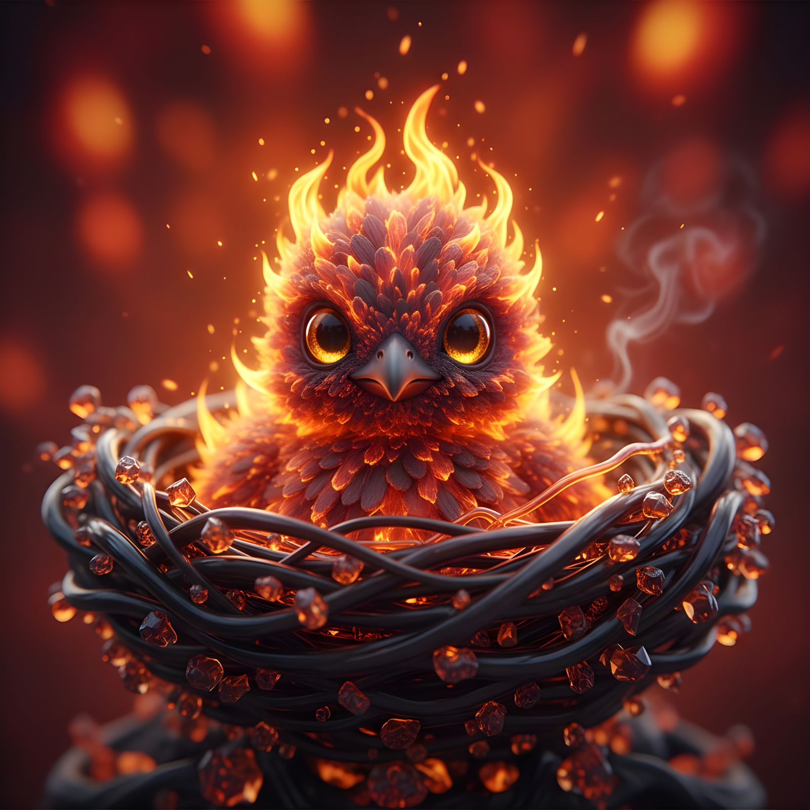 Adorable Fiery Phoenix Chick in Obsidian Nest