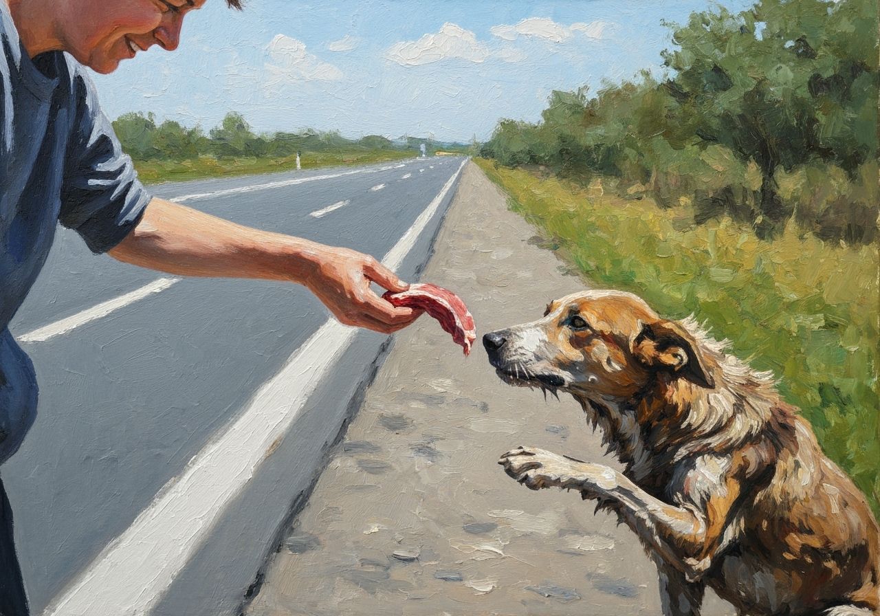 Compassionate Act: Feeding a Limping Dog on the Highway in I...