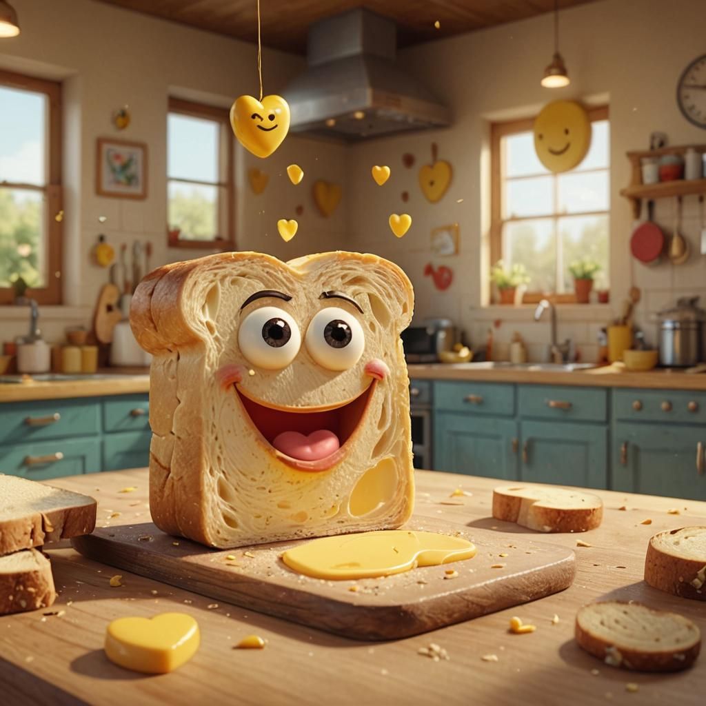 Happy Butter and Bread in Pixar Style
