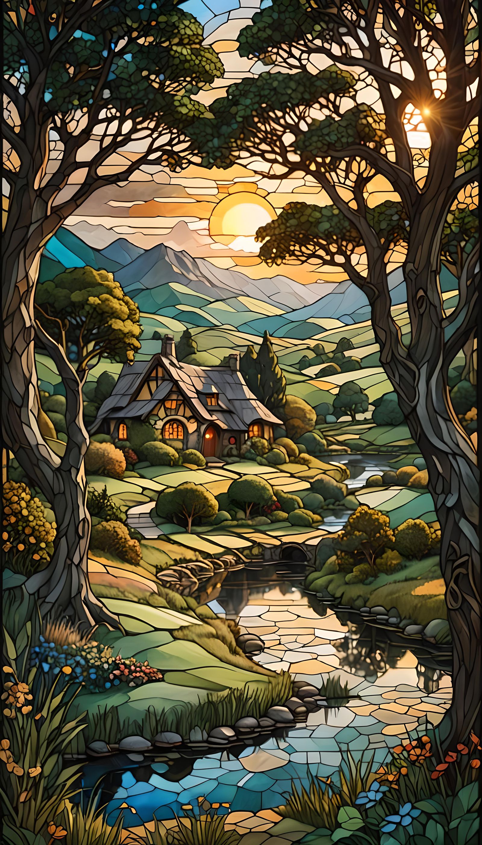 Hobbit Shire Landscape in Stained Glass Style