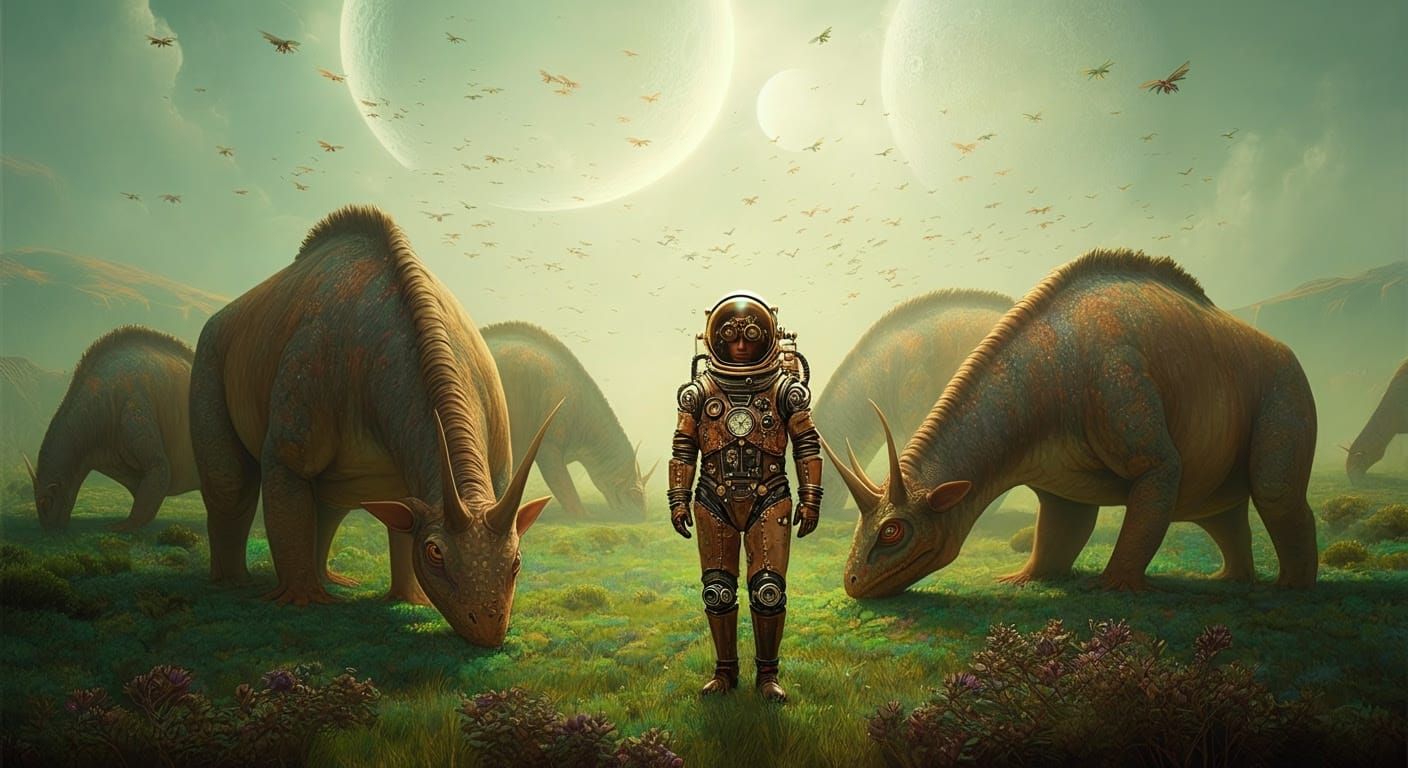 Steampunk Astronaut with Grazing Reptilian Creatures